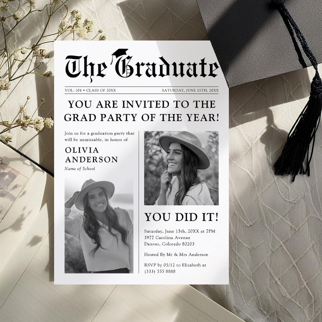 Old Style Newspaper Photo Graduation Party Invitation (Creator Uploaded)