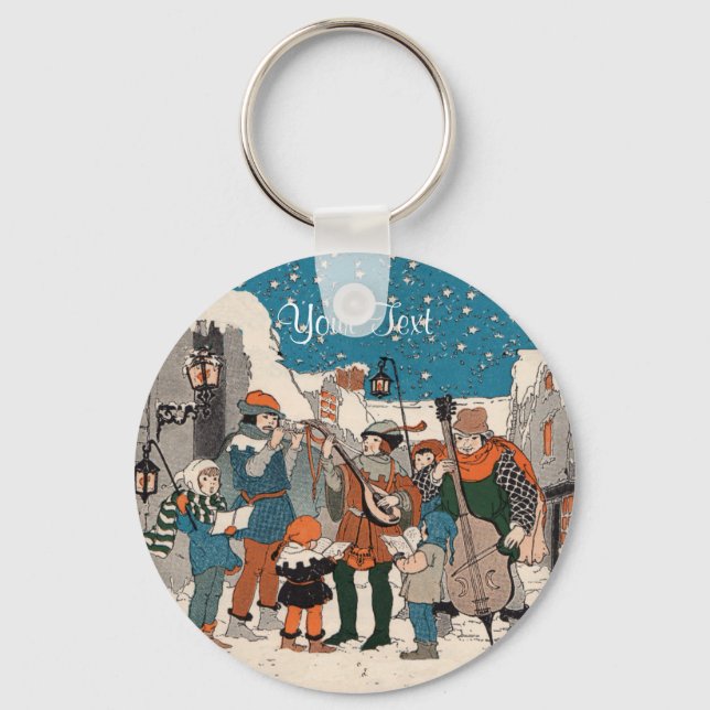 Old Time Christmas Carolers Musicians by Lamp Post Key Ring (Front)