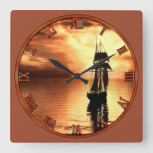 Old Time Sailing Ship at Sunset Square Wall Clock