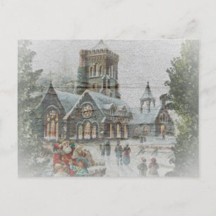 Old time Santa with children in front of a church Holiday Postcard