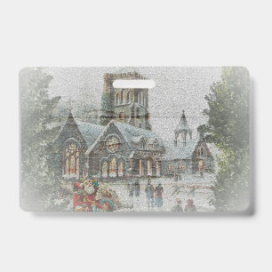 Old time Santa with children in front of a church ID Badge