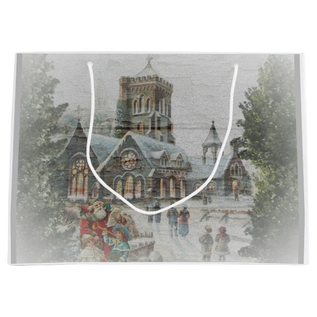 Old time Santa with children in front of a church  Large Gift Bag (Front)