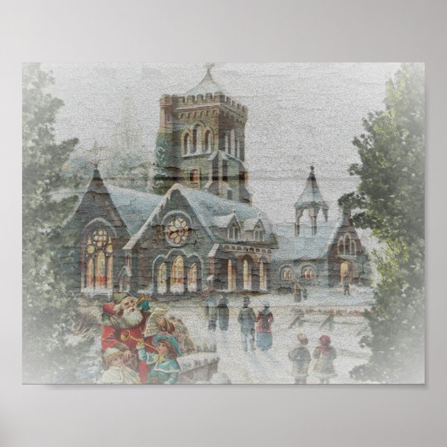 Old time Santa with children in front of a church  Poster (Front)