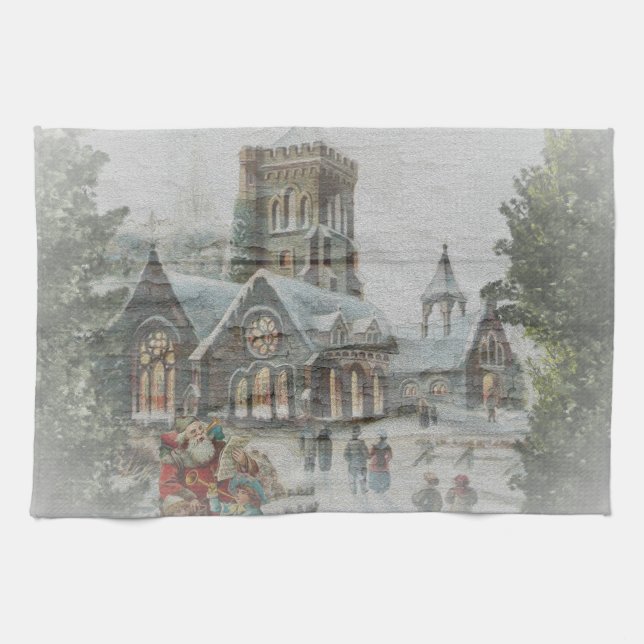 Old time Santa with children in front of a church  Tea Towel (Horizontal)