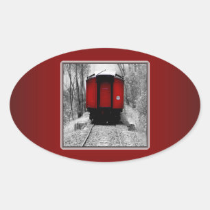 Old Time Steam Train Red and Black Oval Sticker