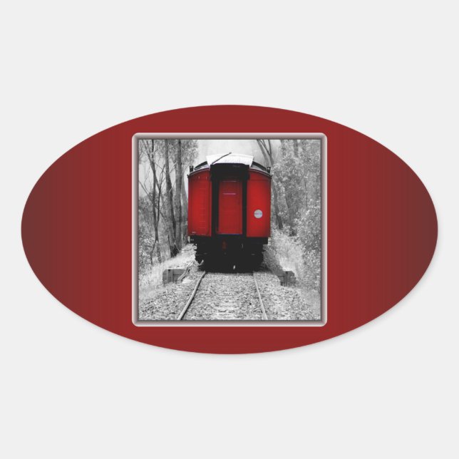 Old Time Steam Train Red and Black Oval Sticker (Front)