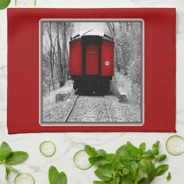 Old Time Steam Train Red and Black Tea Towel (Folded)