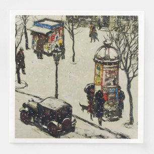 Old Time Street Scene Antique Car Shops in Snow Napkin