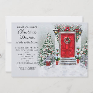 Old Time Vintage Red Door Wreath Christmas Dinner Invitation