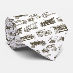Old-timer Beige White Vintage Car Pattern Tie