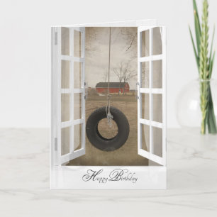 old tire swing with barn birthday card