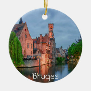 Old town and Belfry tower at night in Bruges Ceramic Ornament