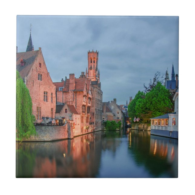 Old town and Belfry tower at night in Bruges Ceramic Tile (Front)
