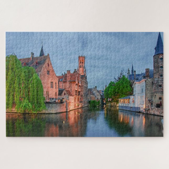 Old town and Belfry tower at night in Bruges Jigsaw Puzzle (Horizontal)
