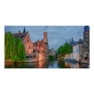 Old town and Belfry tower at night in Bruges Poster