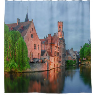 Old town and Belfry tower at night in Bruges Shower Curtain