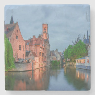 Old town and Belfry tower at night in Bruges Stone Coaster