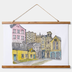 Old Town Edinburgh Watercolor Illustration Hanging Tapestry