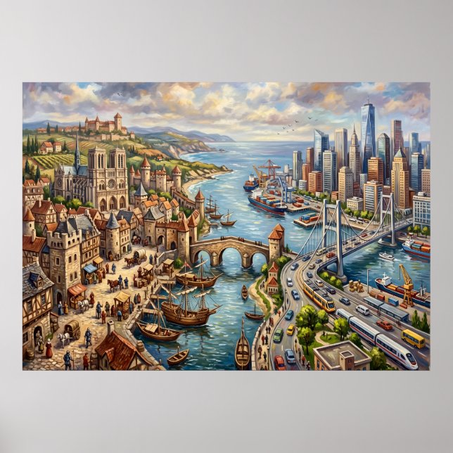 Old Town Harbour Cityscape Poster (Front)