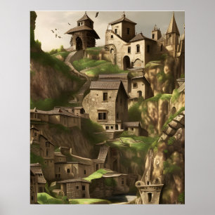 Old town on a mountain stone houses poster