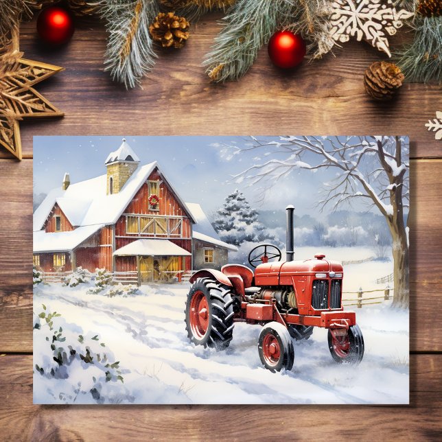 Old Tractor and Barn Snowy Winter Farm Christmas Holiday Card (Front - Barn and Old Tractor Snowy Winter Farm Christmas Holiday Card)