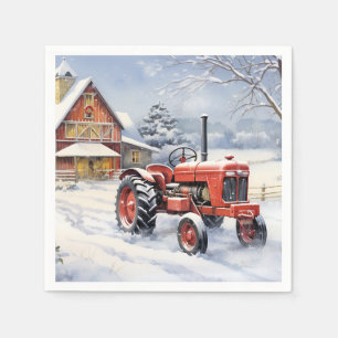 Old Tractor and Barn Snowy Winter Farm Christmas Napkin