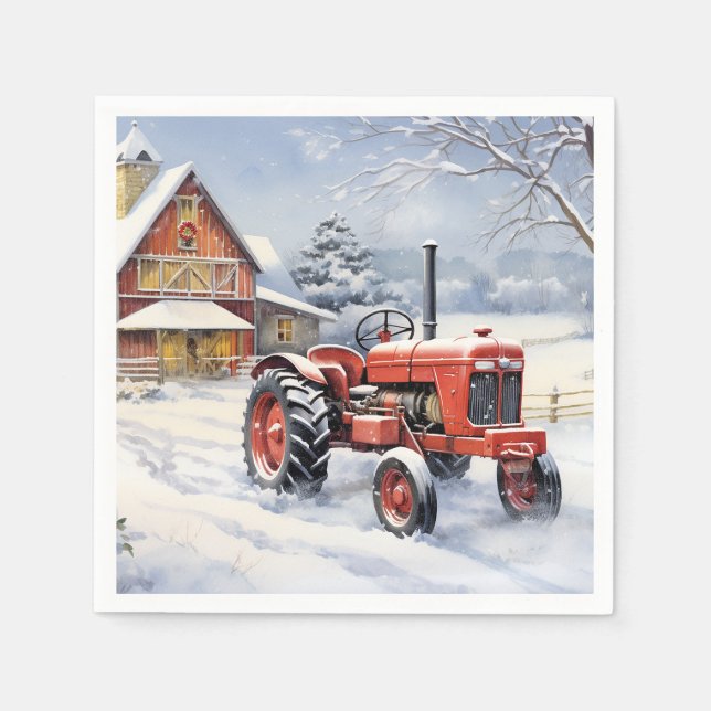 Old Tractor and Barn Snowy Winter Farm Christmas Napkin (Front)