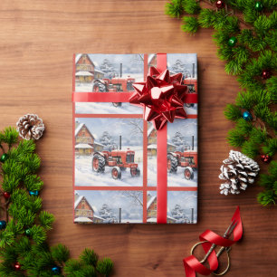 Old Tractor and Barn Snowy Winter Farm Christmas Wrapping Paper