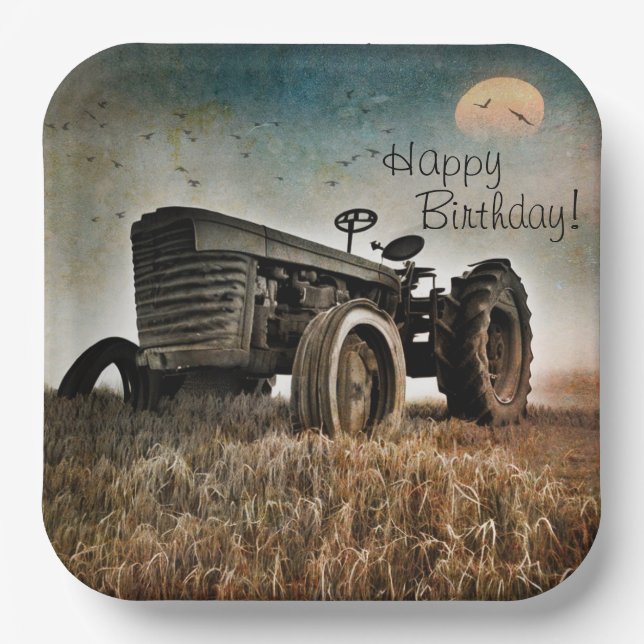Old Tractor Birthday Paper Plate (Front)