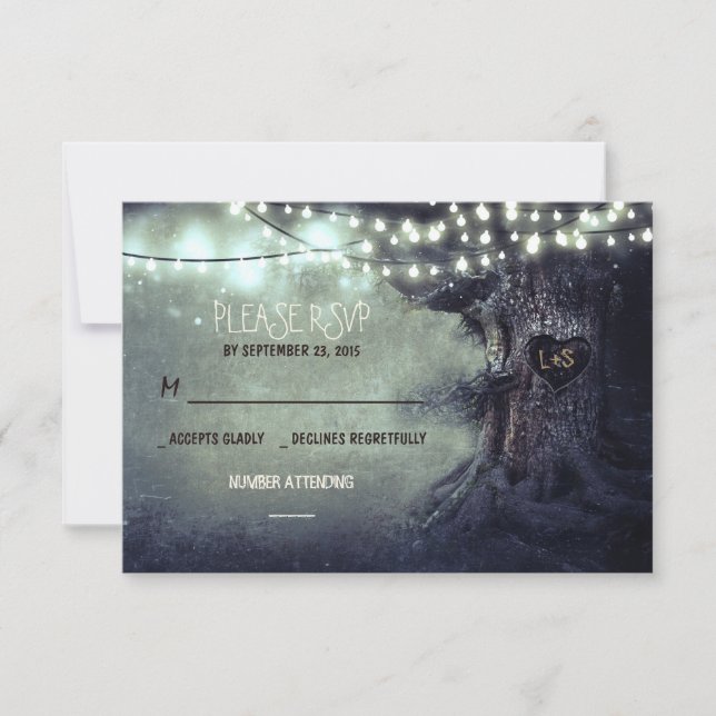 old tree string lights rustic wedding RSVP cards (Front)
