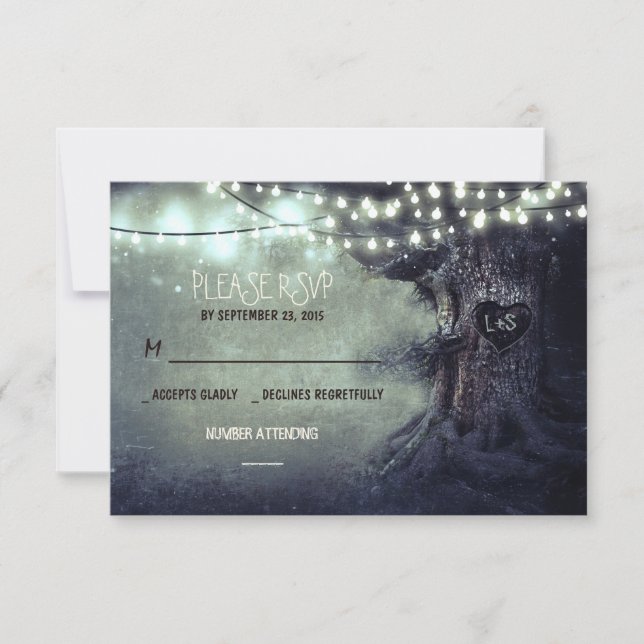 old tree string lights rustic wedding RSVP cards (Front)