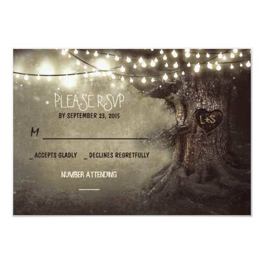 old tree string lights rustic wedding RSVP cards