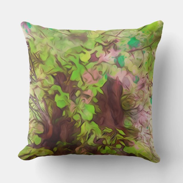 Old Tree Thick Branches Green and Purple Magic Cushion (Front)