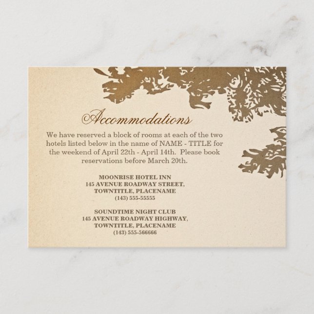 old tree vintage wedding accomodation design enclosure card (Front)
