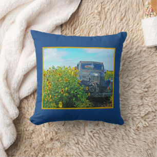 OLD TRUCK IN SUNFLOWER FIELD CUSHION