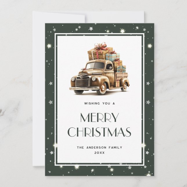 Old Truck Snow Gifts Stars Merry Christmas Card (Front)