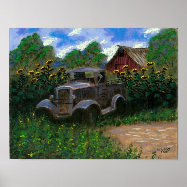 Old Truck with Sunflowers Poster (Front)