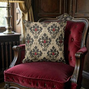 Old Victorian Black Red & Beige Damask Cushion