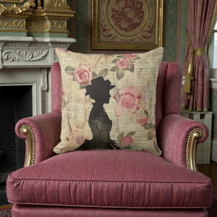 Old Victorian Silouette with Pink Roses Cushion