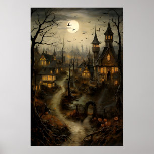 Old Village With Pumpkins, Halloween Countryside Poster