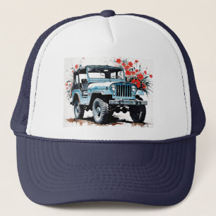 Old Vintage Blue 4x4 Off Road Truck With Flowers Trucker Hat
