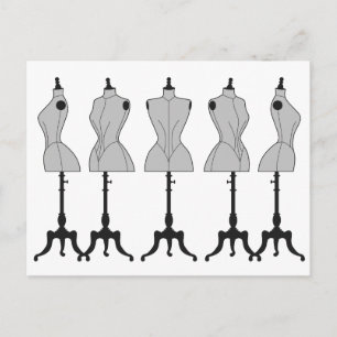 Old vintage mannequins, fashion illustration postcard