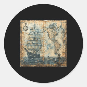 Old Vintage Nautical Map Pirate Ship Sailboat Sea Classic Round Sticker