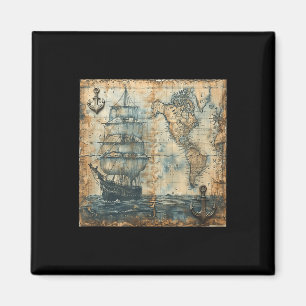 Old Vintage Nautical Map Pirate Ship Sailboat Sea Magnet