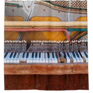 Old vintage piano with the lid off. A dilapidated Shower Curtain