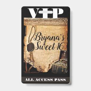 Old Vintage Pirate Scroll Birthday Party VIP Pass  ID Badge