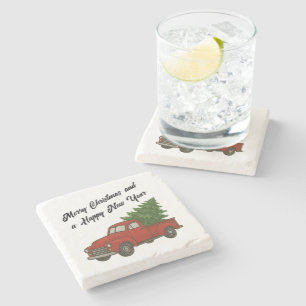 Old vintage red Chevy truck hauling Christmas tree Stone Coaster