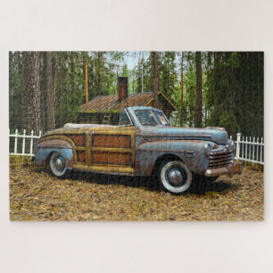 Old Vintage Rusty Barn Find Car Woody Convertible Jigsaw Puzzle