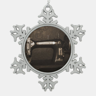 Old Vintage Sewing Machine Snowflake Pewter Christmas Ornament