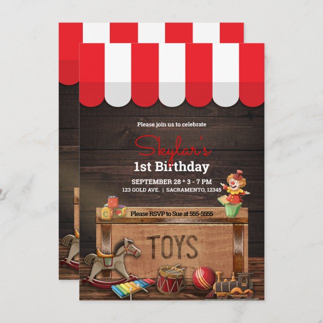 Old Vintage Toys Wooden Toybox 1st Birthday Invitation (Front/Back)